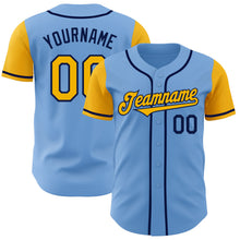 Load image into Gallery viewer, Custom Light Blue Gold-Navy Authentic Two Tone Baseball Jersey
