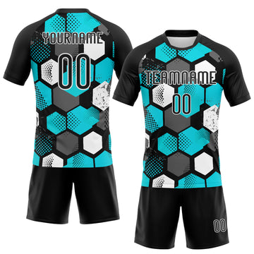 Custom Black Aqua-White Geometric Shape Sublimation Volleyball Uniform Jersey