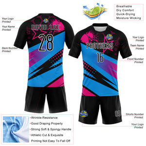 Custom Black Sky Blue-Pink Geometric Shape And Splash Sublimation Volleyball Uniform Jersey