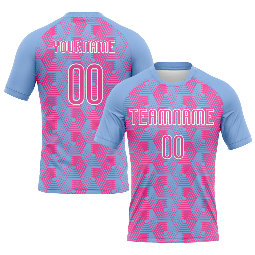 Custom Light Blue Pink-White Geometric Shape Sublimation Volleyball Uniform Jersey