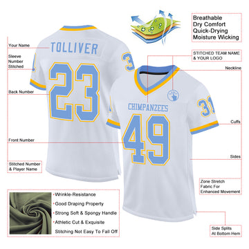 Custom White Light Blue-Gold Mesh Authentic Throwback Football Jersey