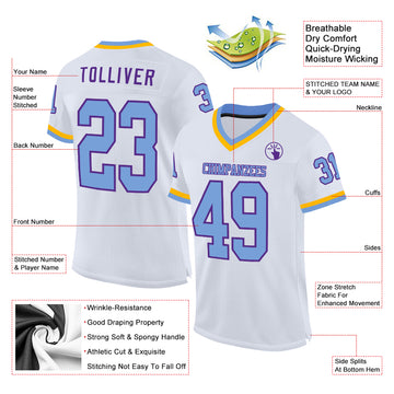 Custom White Light Blue Purple-Gold Mesh Authentic Throwback Football Jersey