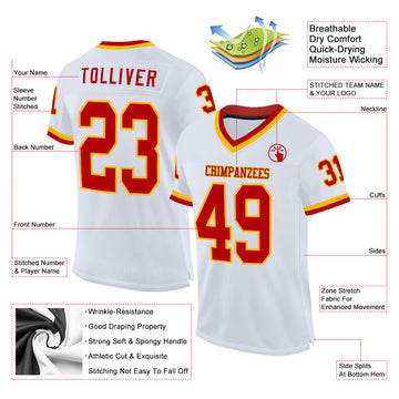 Custom White Red-Gold Mesh Authentic Throwback Football Jersey