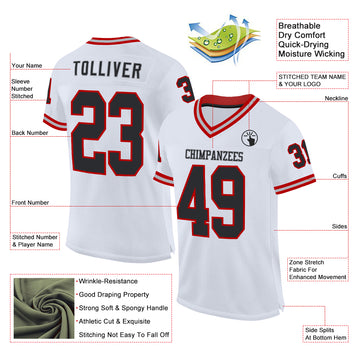 Custom White Black Red-Gray Mesh Authentic Throwback Football Jersey