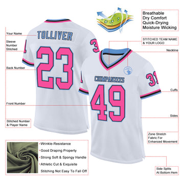 Custom White Pink Black-Light Blue Mesh Authentic Throwback Football Jersey