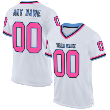 Custom White Pink Black-Light Blue Mesh Authentic Throwback Football Jersey