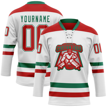 Custom White Red-Kelly Green Hockey Lace Neck Jersey