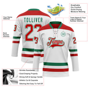 Custom White Red-Kelly Green Hockey Lace Neck Jersey