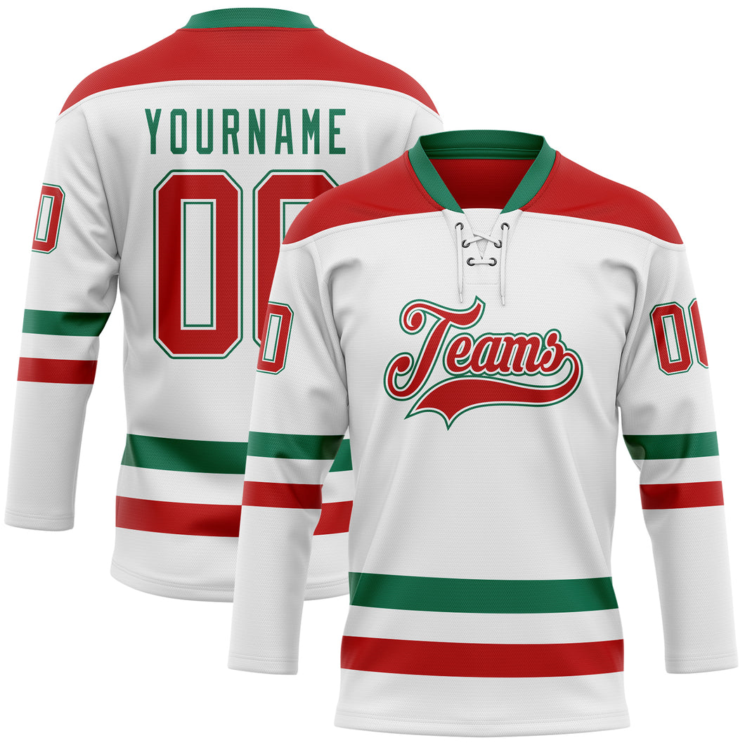 Custom White Red-Kelly Green Hockey Lace Neck Jersey