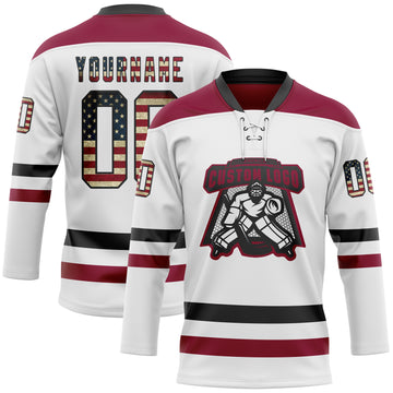 Custom White Vintage USA Flag Black-Maroon Hockey Lace Neck Jersey