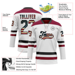 Custom White Vintage USA Flag Black-Maroon Hockey Lace Neck Jersey