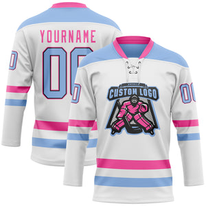 Custom White Light Blue Black-Pink Hockey Lace Neck Jersey