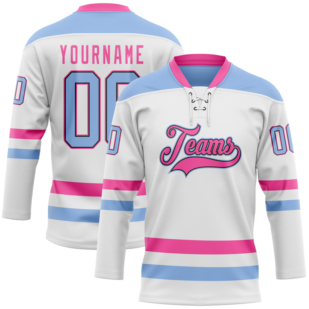 Custom White Light Blue Black-Pink Hockey Lace Neck Jersey