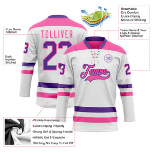 Custom White Purple-Pink Hockey Lace Neck Jersey