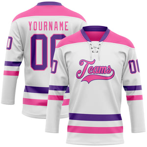 Custom White Purple-Pink Hockey Lace Neck Jersey