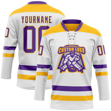 Load image into Gallery viewer, Custom White Purple-Gold Hockey Lace Neck Jersey
