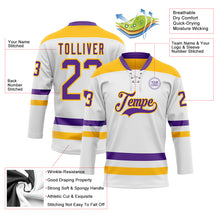 Load image into Gallery viewer, Custom White Purple-Gold Hockey Lace Neck Jersey
