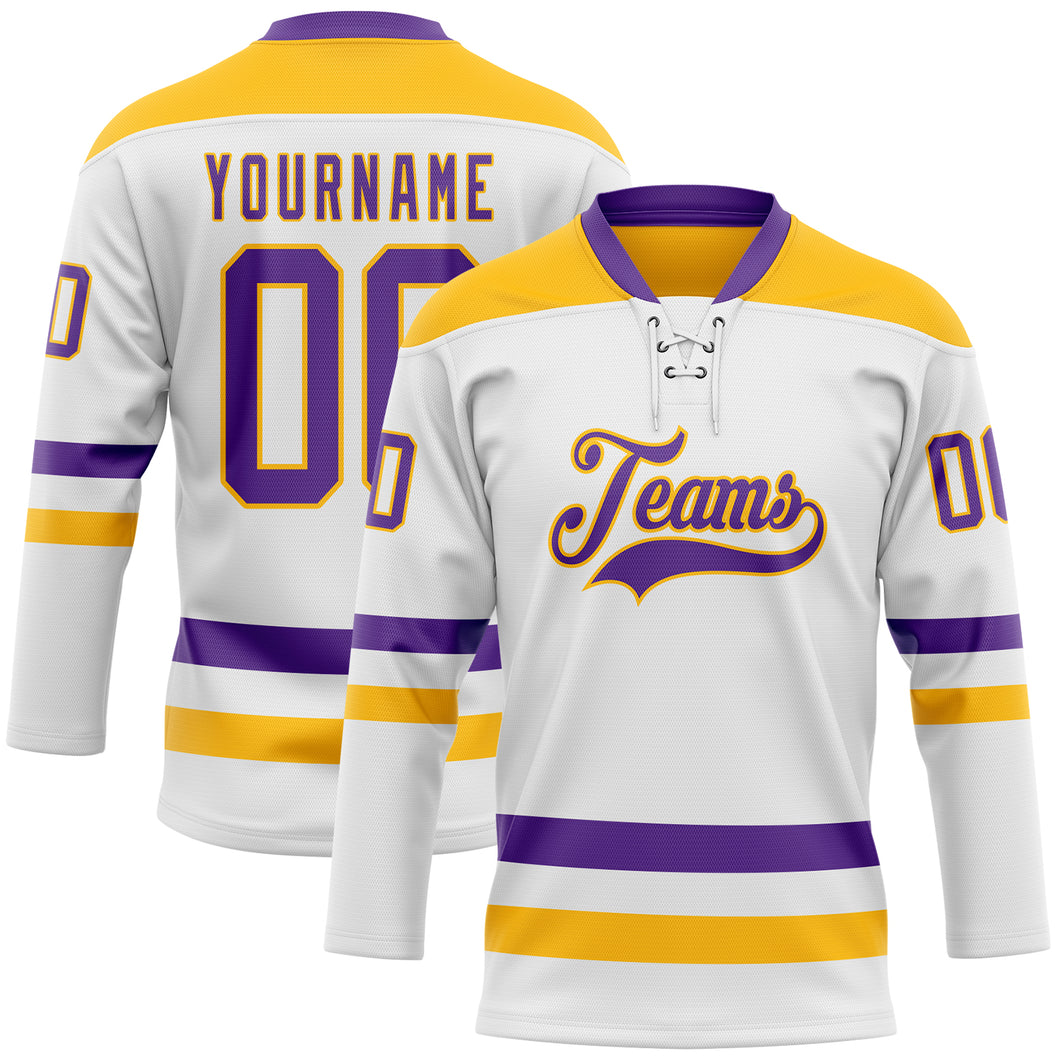 Custom White Purple-Gold Hockey Lace Neck Jersey