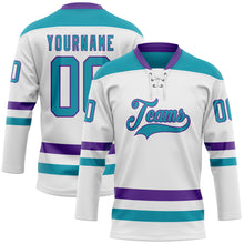 Load image into Gallery viewer, Custom White Teal-Purple Hockey Lace Neck Jersey
