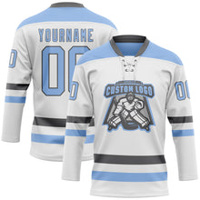 Load image into Gallery viewer, Custom White Light Blue-Steel Gray Hockey Lace Neck Jersey
