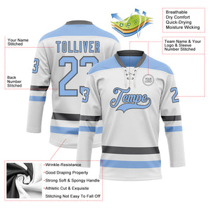 Custom White Light Blue-Steel Gray Hockey Lace Neck Jersey