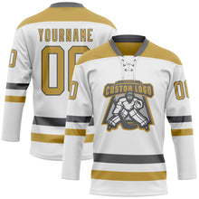 Load image into Gallery viewer, Custom White Old Gold-Steel Gray Hockey Lace Neck Jersey
