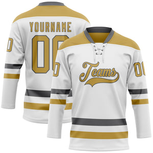 Custom White Old Gold-Steel Gray Hockey Lace Neck Jersey