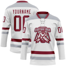 Load image into Gallery viewer, Custom White Crimson-Gray Hockey Lace Neck Jersey
