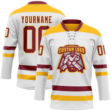 Load image into Gallery viewer, Custom White Crimson-Gold Hockey Lace Neck Jersey
