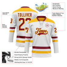 Load image into Gallery viewer, Custom White Crimson-Gold Hockey Lace Neck Jersey
