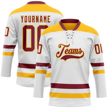 Custom White Crimson-Gold Hockey Lace Neck Jersey