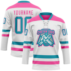 Custom White Teal-Pink Hockey Lace Neck Jersey