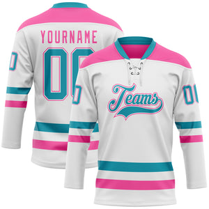 Custom White Teal-Pink Hockey Lace Neck Jersey