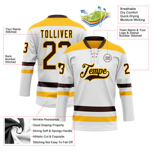 Custom White Brown-Gold Hockey Lace Neck Jersey