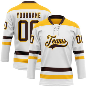 Custom White Brown-Gold Hockey Lace Neck Jersey