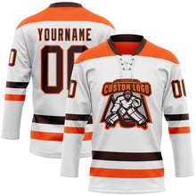 Load image into Gallery viewer, Custom White Brown-Orange Hockey Lace Neck Jersey
