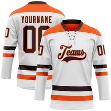 Load image into Gallery viewer, Custom White Brown-Orange Hockey Lace Neck Jersey
