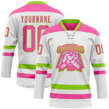 Load image into Gallery viewer, Custom White Pink-Neon Green Hockey Lace Neck Jersey
