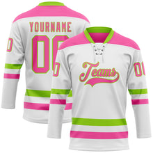 Load image into Gallery viewer, Custom White Pink-Neon Green Hockey Lace Neck Jersey
