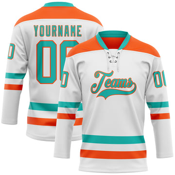 Custom White Aqua-Orange Hockey Lace Neck Jersey