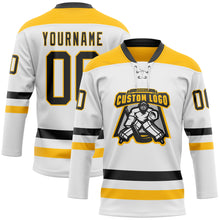 Load image into Gallery viewer, Custom White Black-Gold Hockey Lace Neck Jersey
