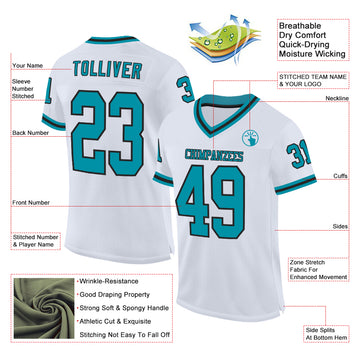 Custom White Teal-Black Mesh Authentic Throwback Football Jersey