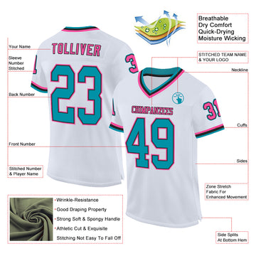 Custom White Teal Black-Pink Mesh Authentic Throwback Football Jersey