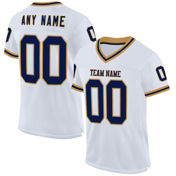 Custom White Navy-Old Gold Mesh Authentic Throwback Football Jersey