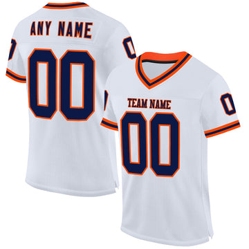 Custom White Navy-Orange Mesh Authentic Throwback Football Jersey