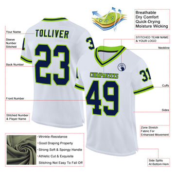 Custom White Navy-Neon Green Mesh Authentic Throwback Football Jersey