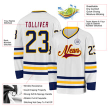 Load image into Gallery viewer, Custom White Navy Gold-Maroon Hockey Jersey
