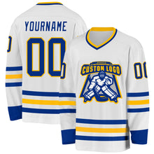 Load image into Gallery viewer, Custom White Royal-Gold Hockey Jersey
