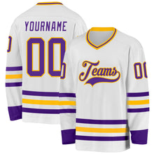 Load image into Gallery viewer, Custom White Purple-Gold Hockey Jersey
