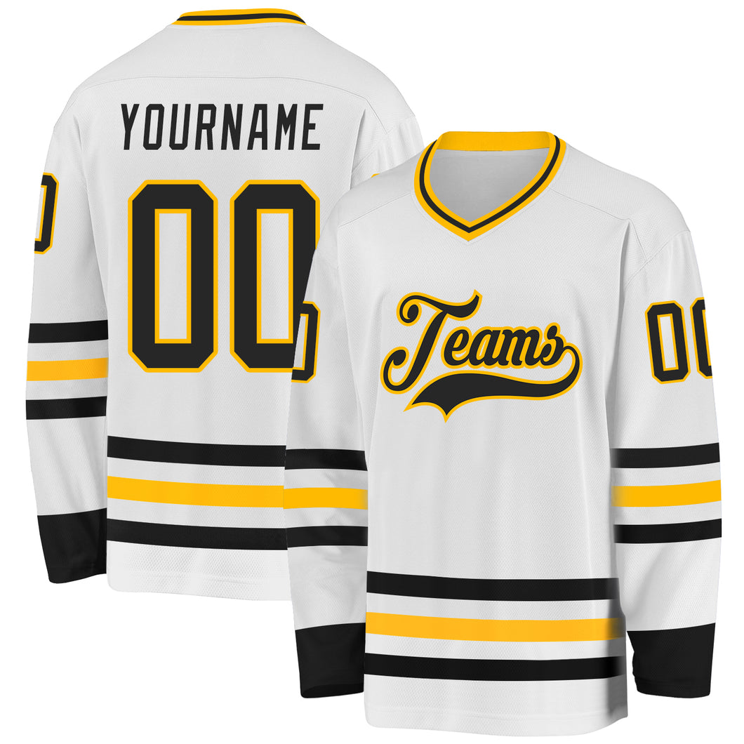 Custom White Black-Gold Hockey Jersey